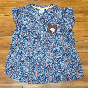 Knox Rose Size MEDIUM Flutter Short Sleeve Blouse Multi Blue Floral Pattern NEW